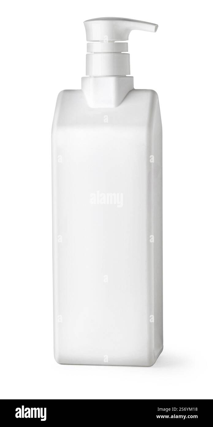 Blank white plastic bottle with dispenser isolated on white background Stock Photo