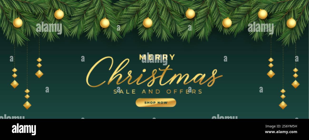 merry christmas green banner with golden decoration and pine tree ...