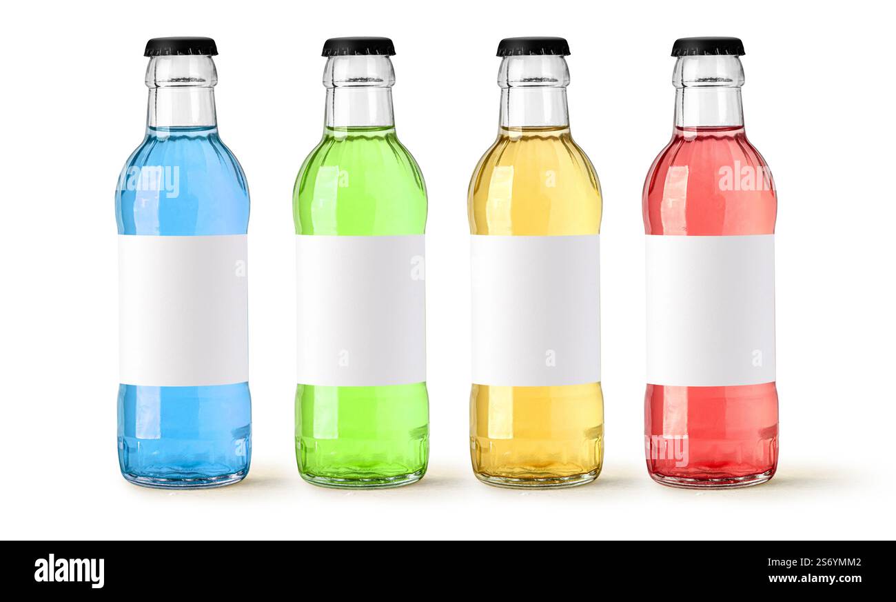 Small glass bottles with soft drinks isolated on white background with ...