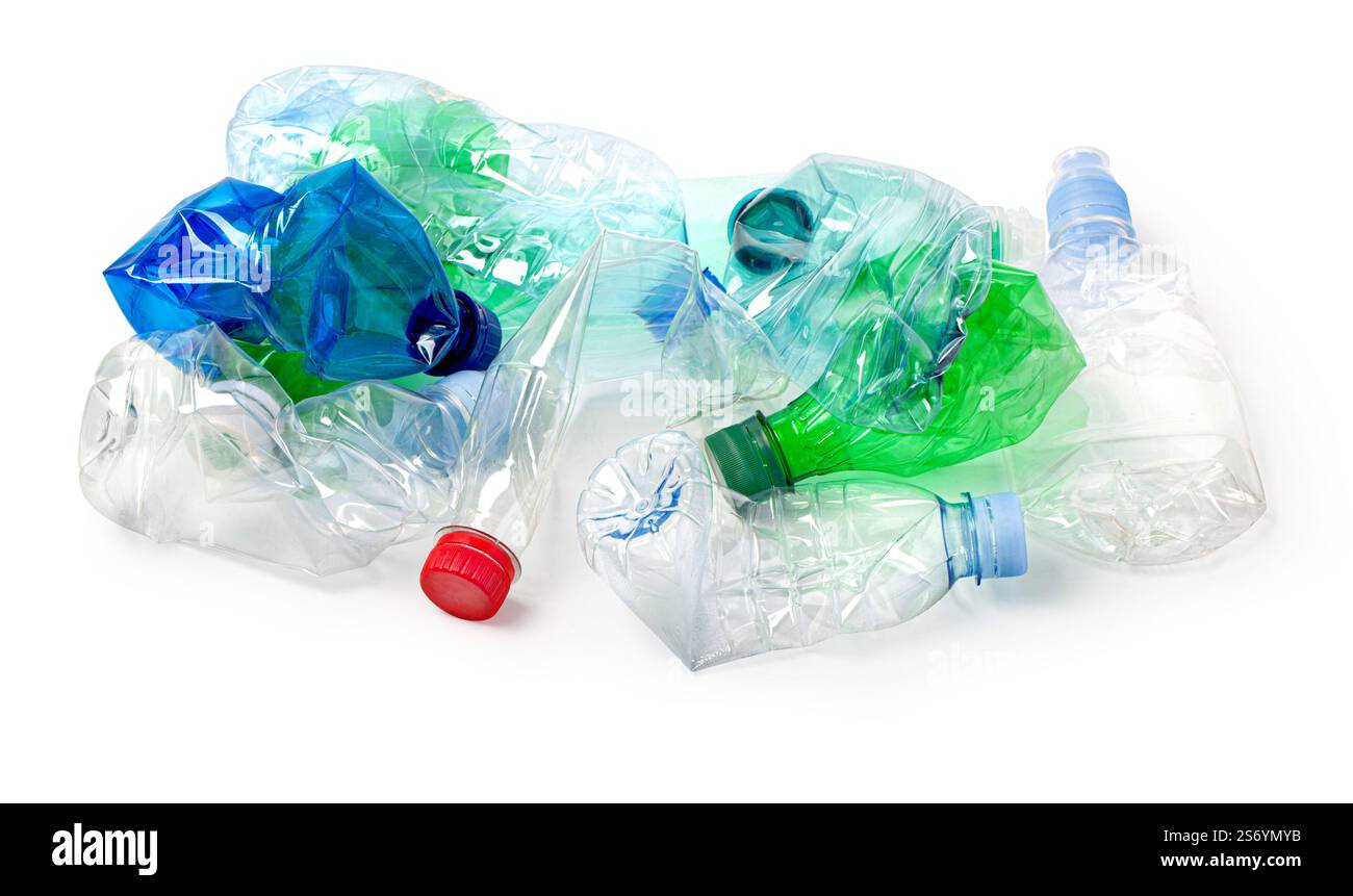 Crumpled empty plastic bottles on a white background witth clipping path Stock Photo