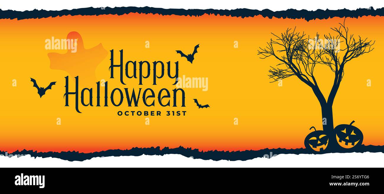 halloween festival scene with tree, flying bats and pumpkins Stock ...