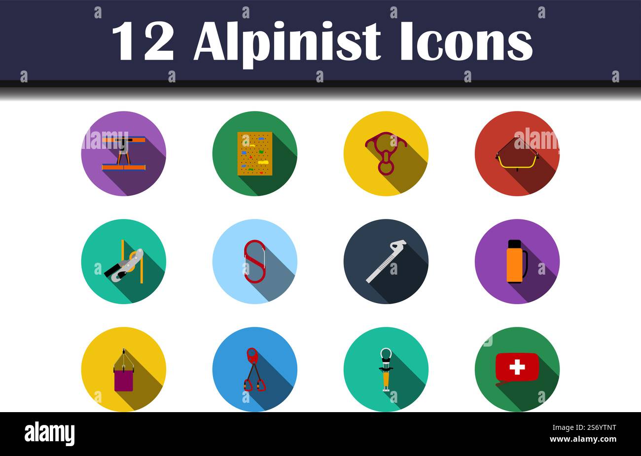Alpinist Icon Set. Flat Design With Long Shadow. Vector illustration. Stock Vector