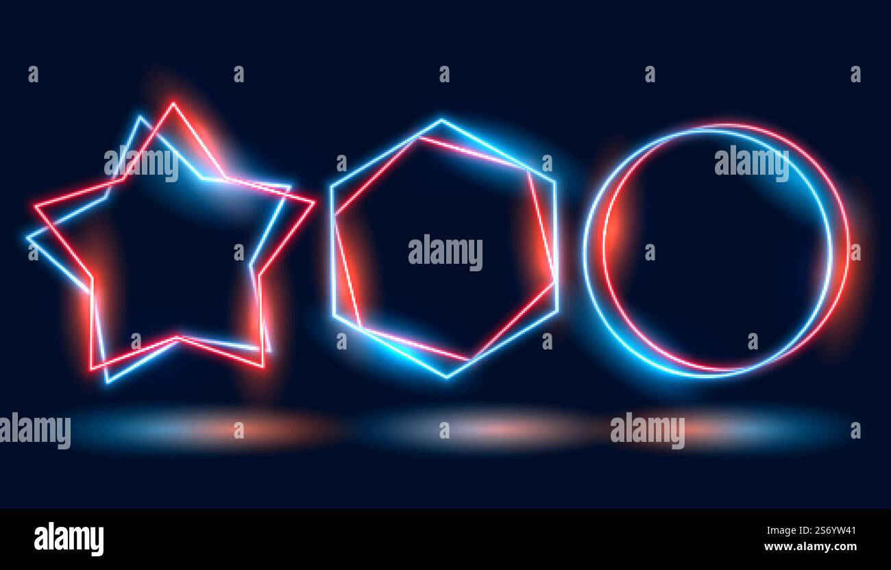 three neon frames in different geometric shapes Stock Vector