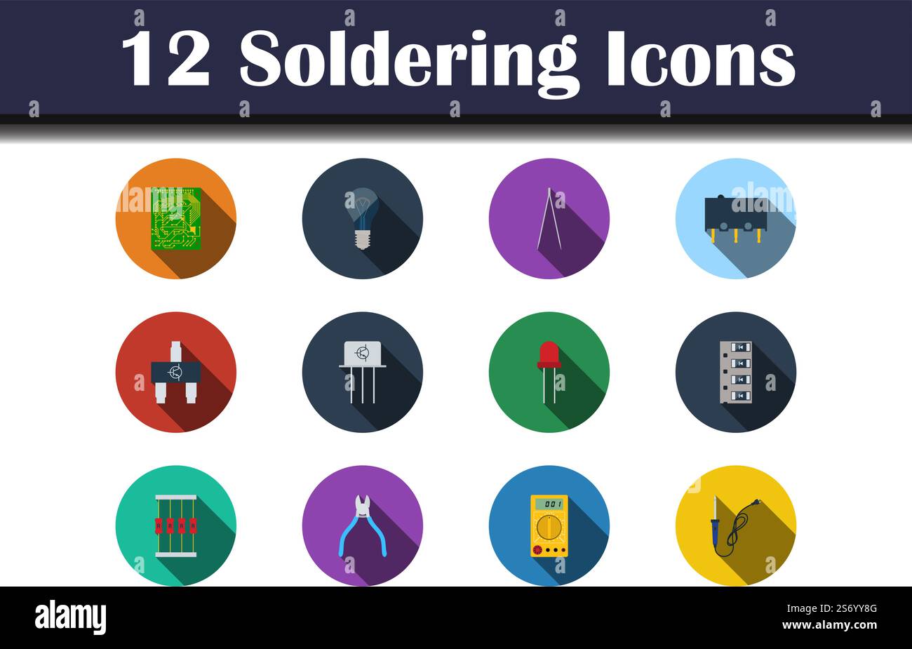 Soldering Icon Set. Flat Design With Long Shadow. Vector illustration. Stock Vector