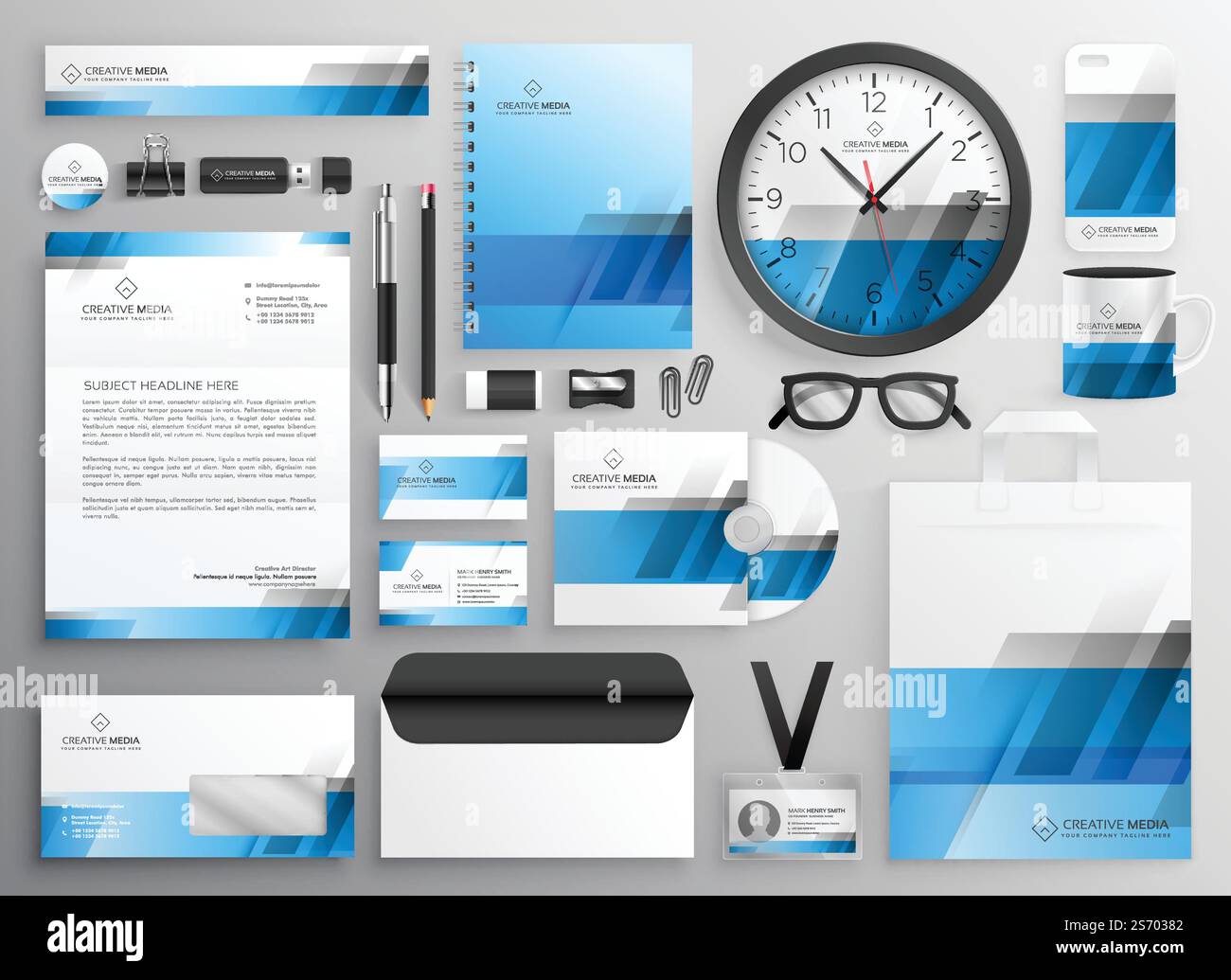 professional blue business stationery items set Stock Vector