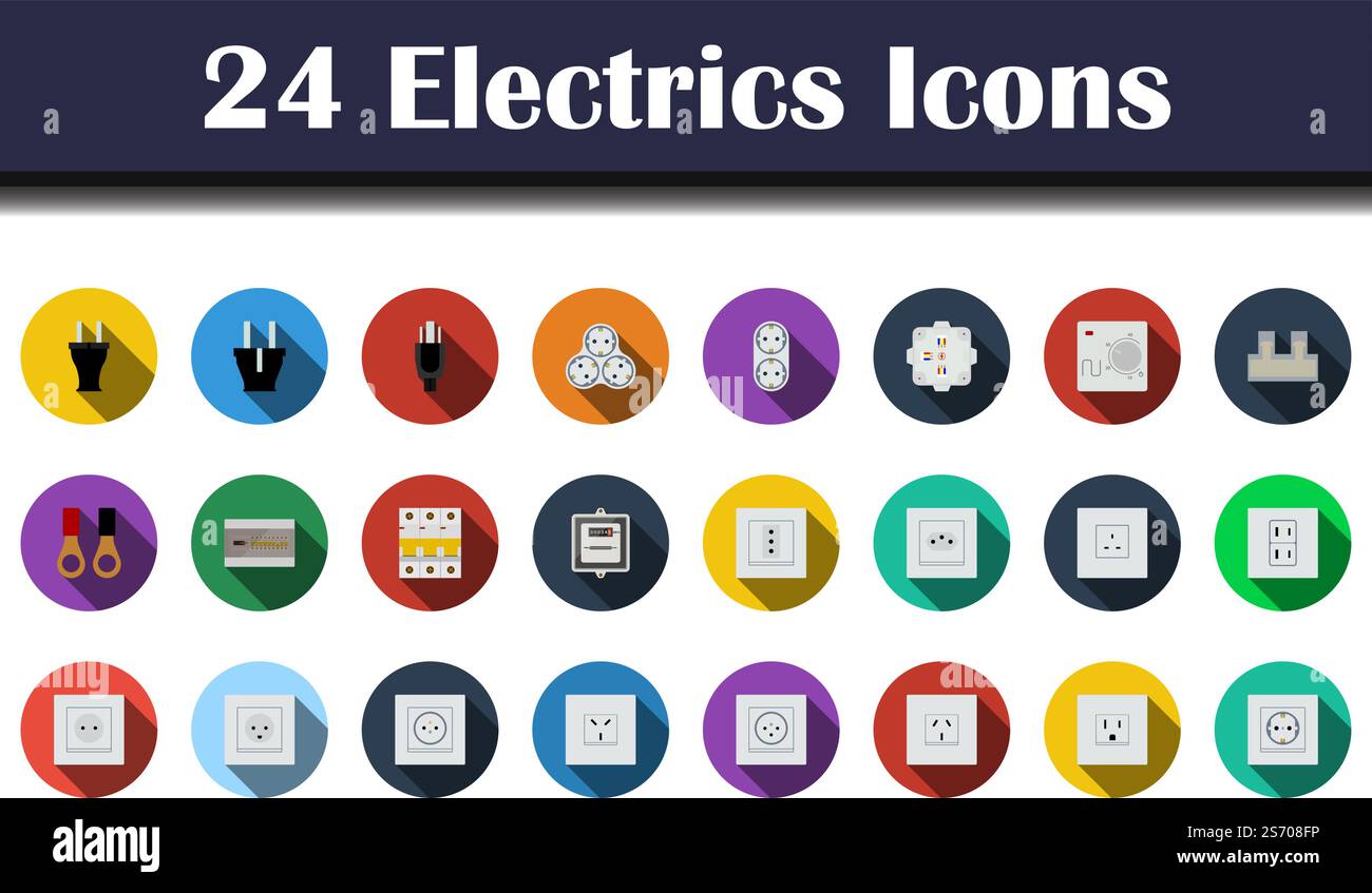 Electrics Icon Set. Flat Design With Long Shadow. Vector illustration. Stock Vector