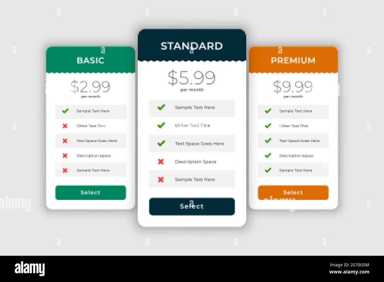 web comparision boxes for plans and pricing Stock Vector