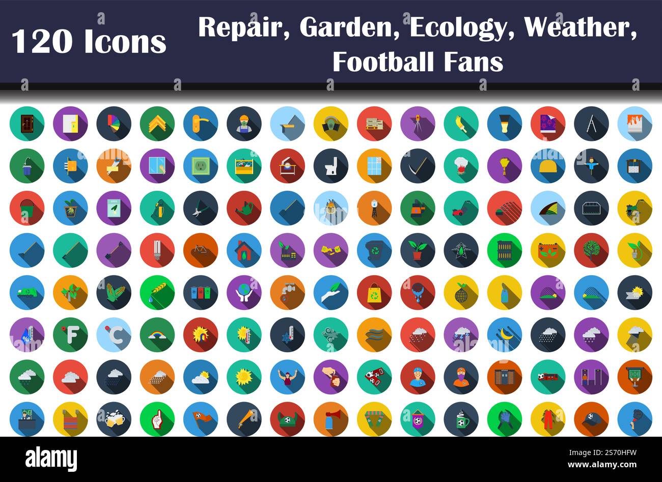 120 Icons Of Repair, Garden, Ecology, Weather, Football Fans. Flat ...