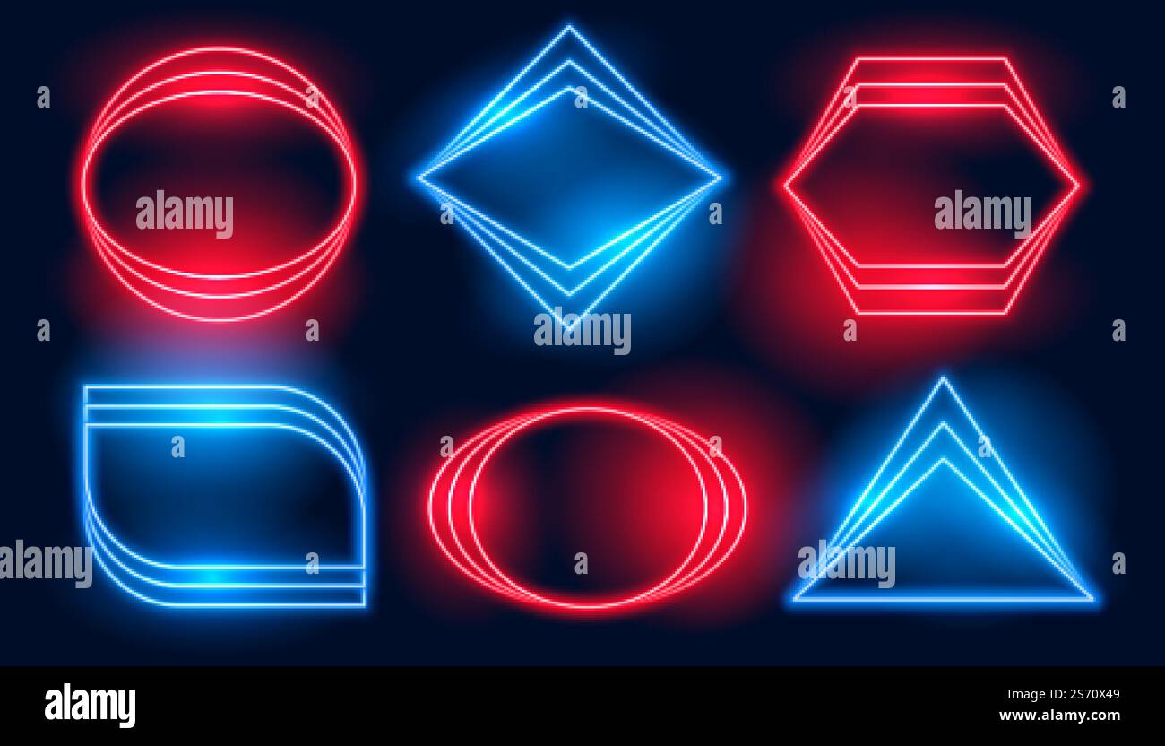 neon frames in six different geometric shapes Stock Vector