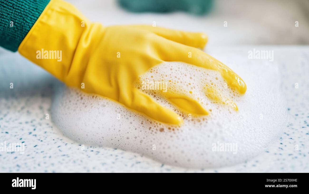 Close-up view of a person's hands wearing yellow rubber gloves ...
