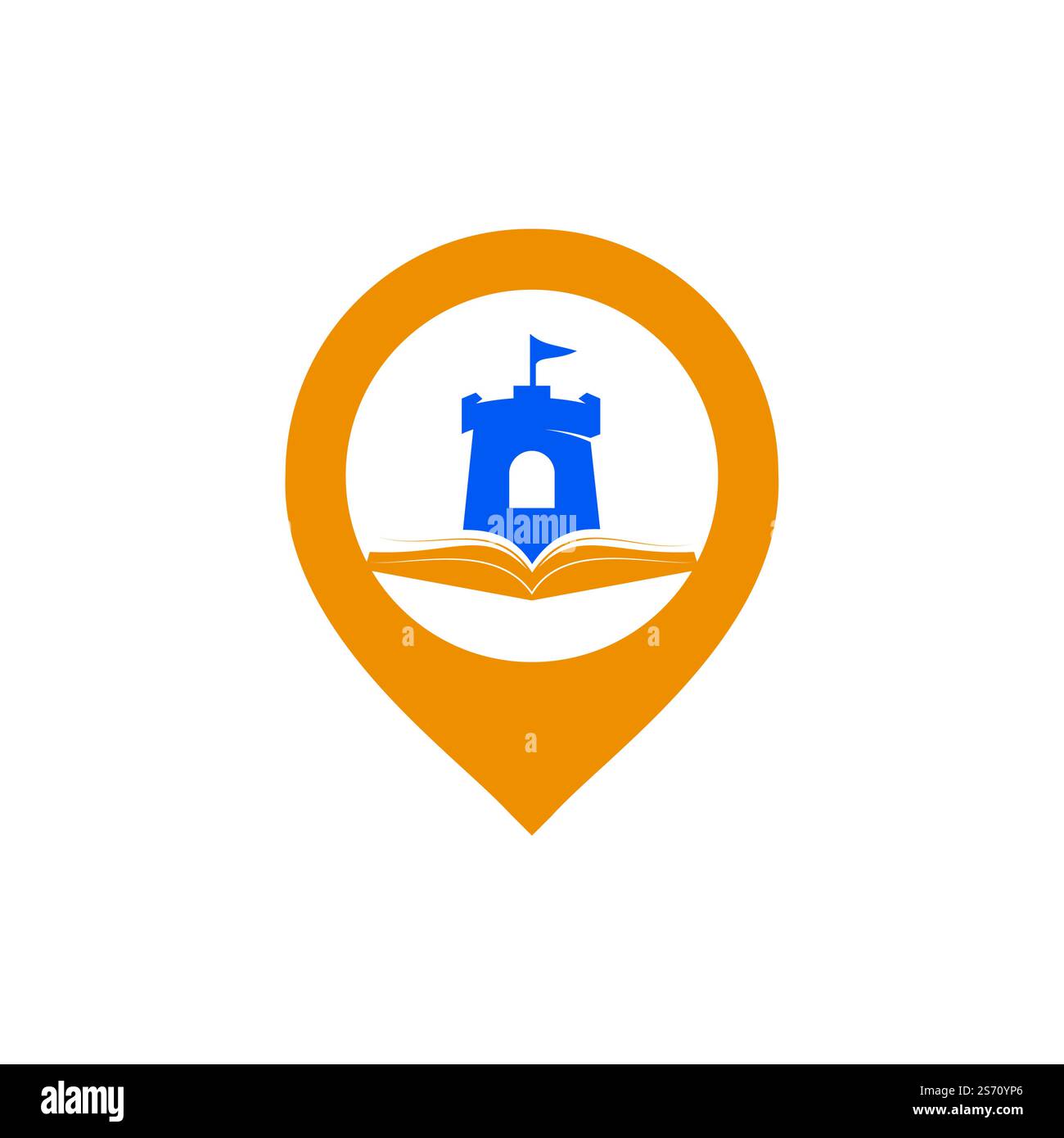 Castle book with pin pointer vector logo design. Unique bookstore, library and fortress logotype design template. Stock Vector