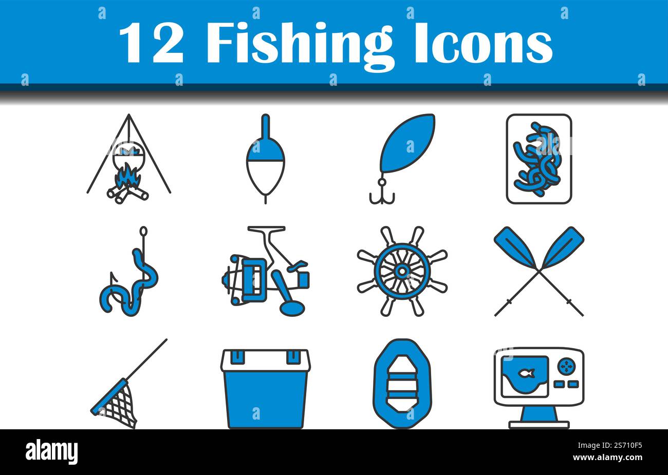 Fishing Icon Set. Editable Bold Outline With Color Fill Design. Vector ...
