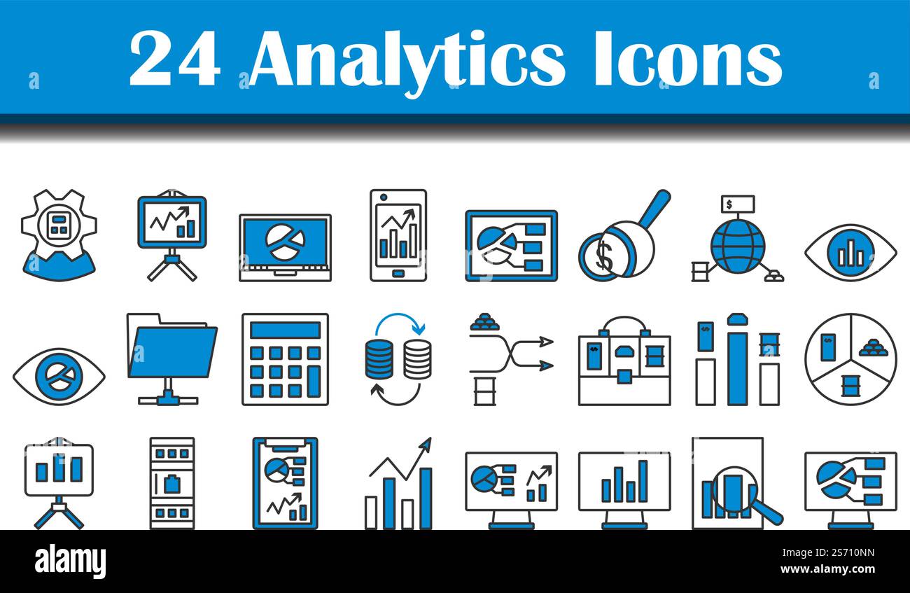 Analytics Icon Set. Editable Bold Outline With Color Fill Design. Vector Illustration. Stock Vector