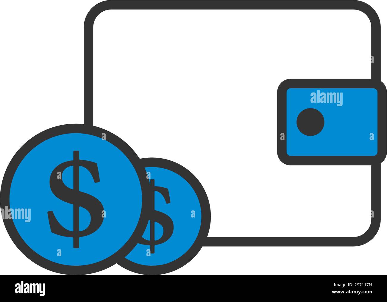Two Golden Coins In Front Of Purse Icon. Editable Bold Outline With ...