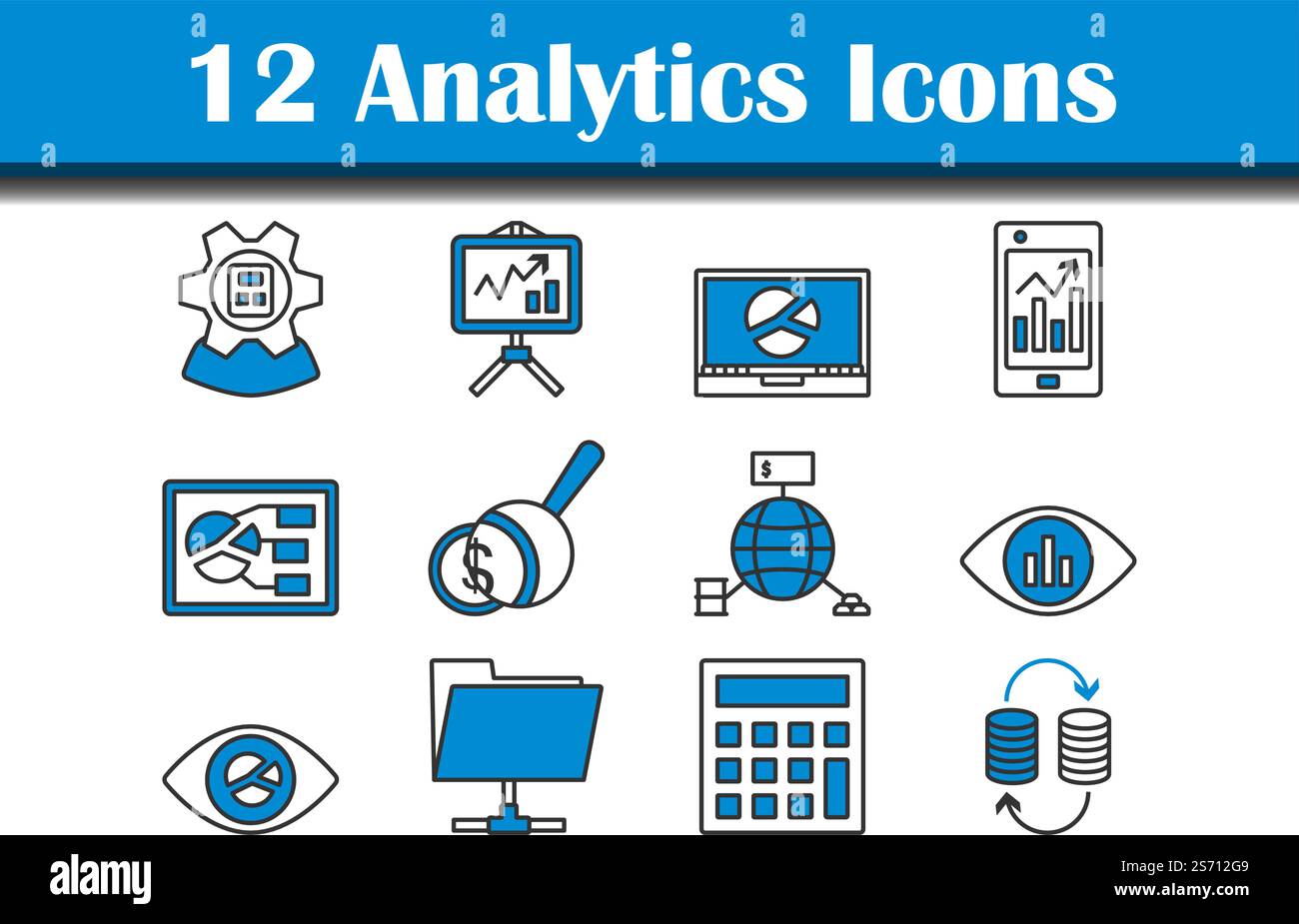 Analytics Icon Set. Editable Bold Outline With Color Fill Design. Vector Illustration. Stock Vector