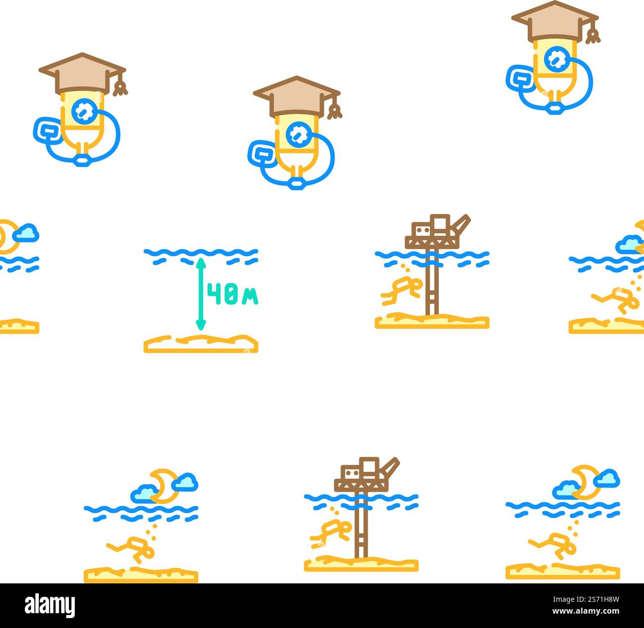 Diving School Education Lesson vector seamless pattern thin line illustration. Diving School Education Lesson vector seamless pattern Stock Vector