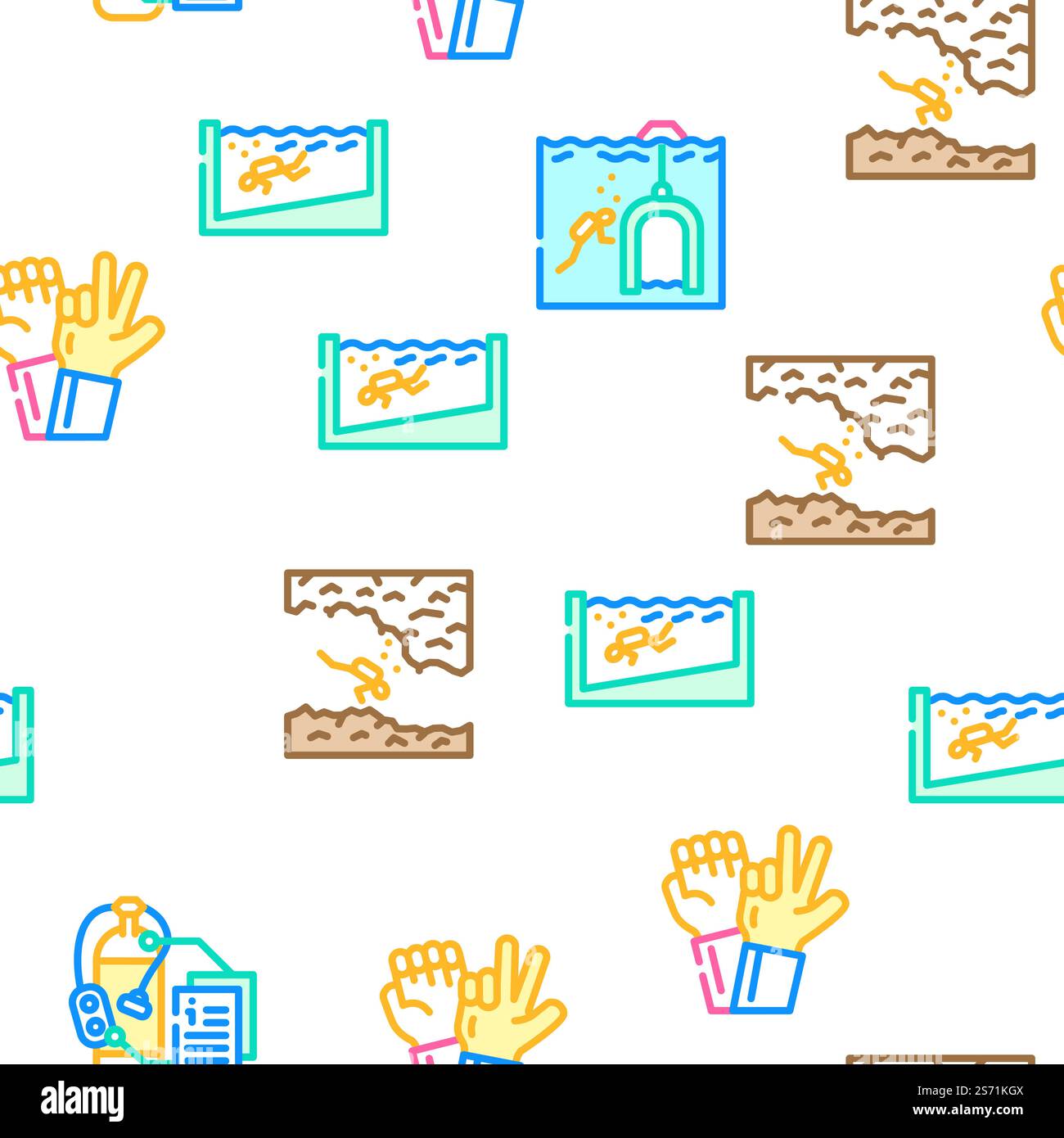 Diving School Education Lesson vector seamless pattern thin line illustration. Diving School Education Lesson vector seamless pattern Stock Vector