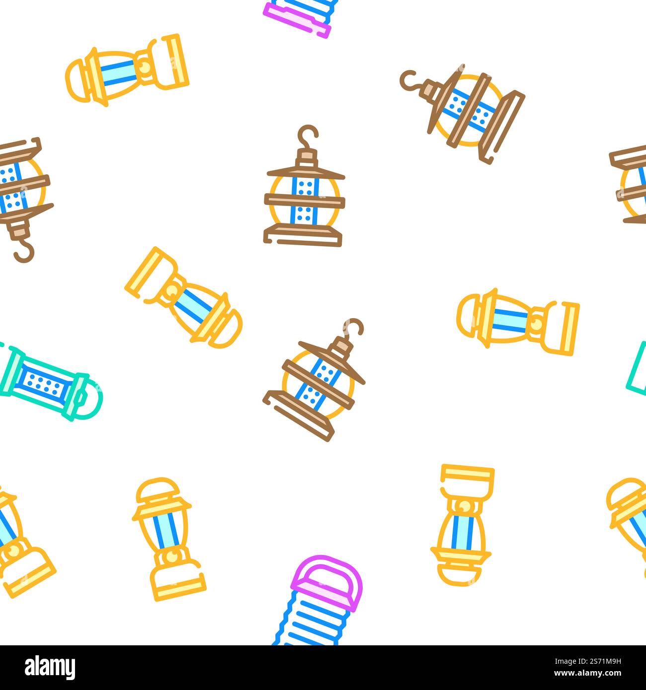 Camp Lamp Lighting Equipment vector seamless pattern thin line illustration. Camp Lamp Lighting Equipment vector seamless pattern Stock Vector