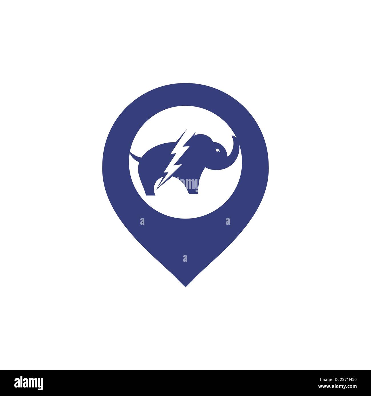 Elephant thunder with pin vector logo design. Power elephant logo concept. Stock Vector
