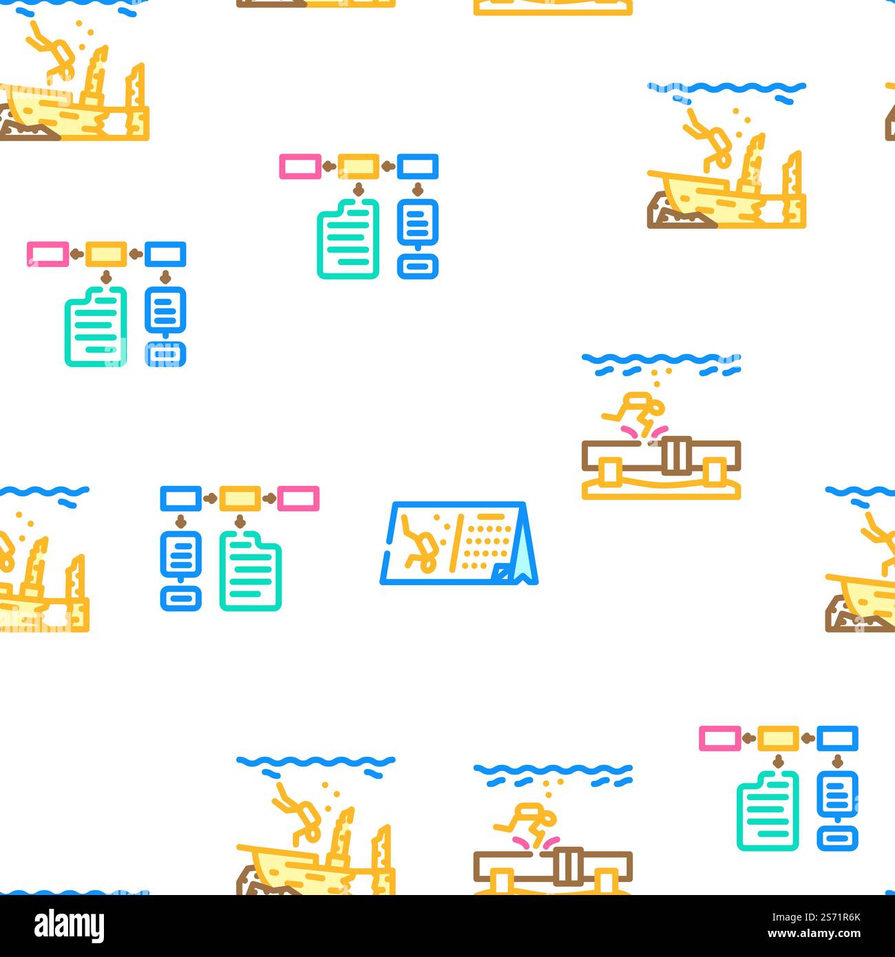 Diving School Education Lesson vector seamless pattern thin line illustration. Diving School Education Lesson vector seamless pattern Stock Vector
