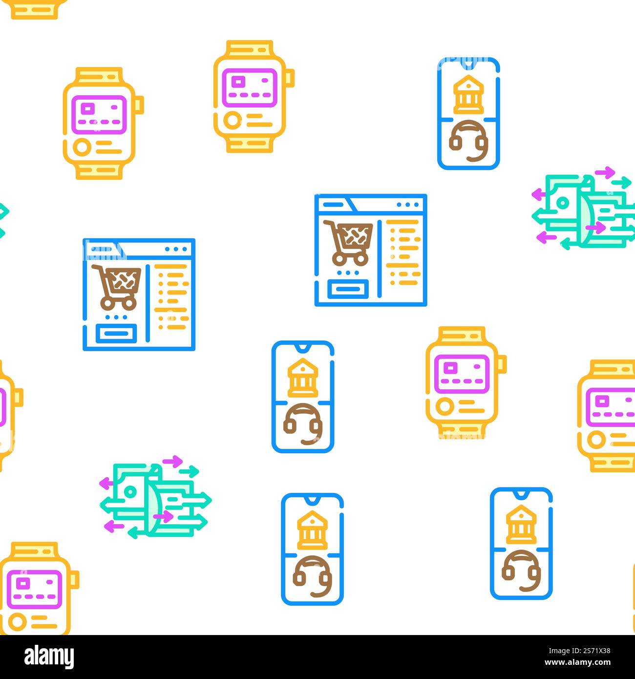 E-banking And Contactless Payment vector seamless pattern thin line illustration. E-banking And Contactless Payment vector seamless pattern Stock Vector