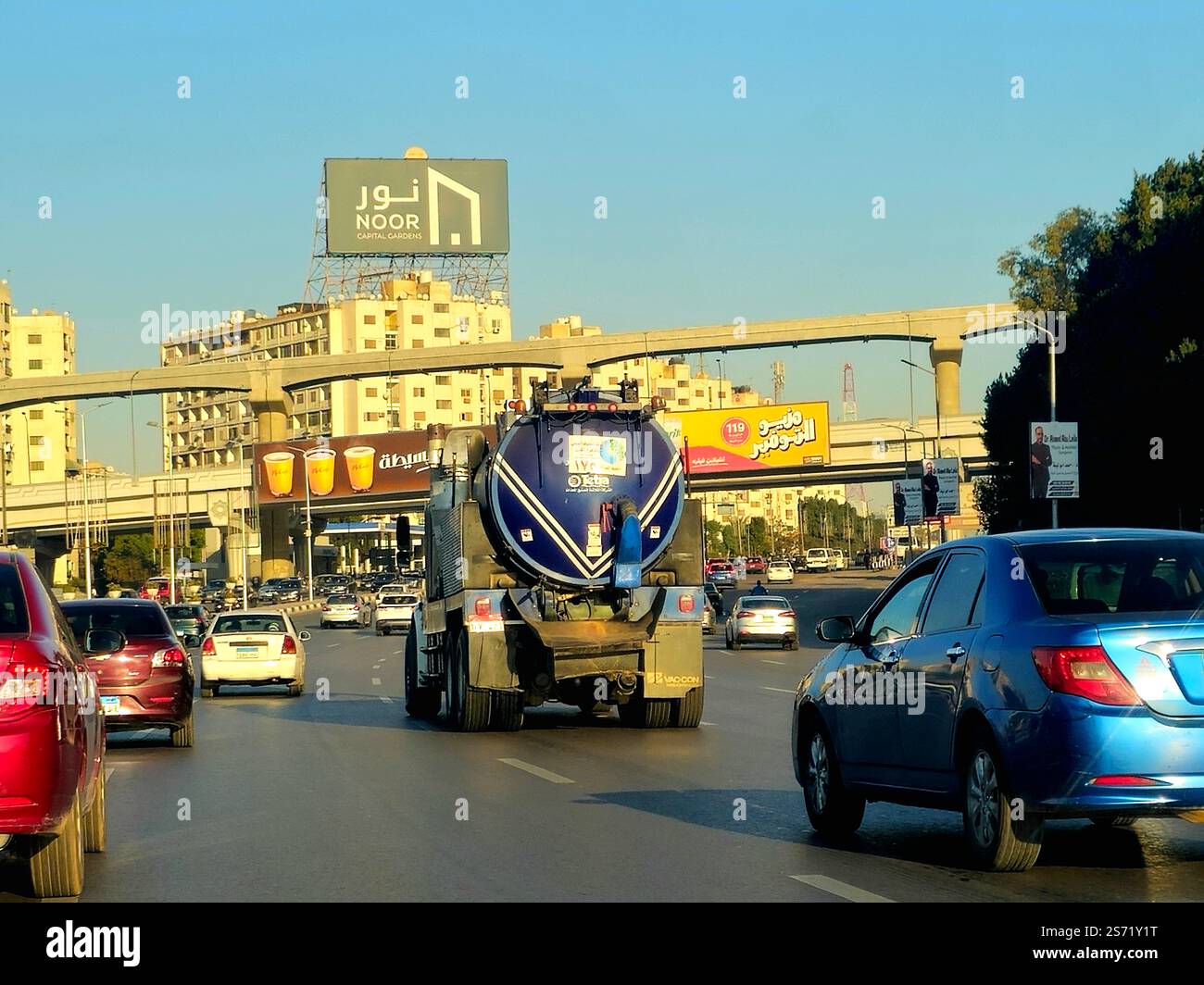 Cairo, Egypt, December 15 2024: large tanker lorry vehicle, drainage ...