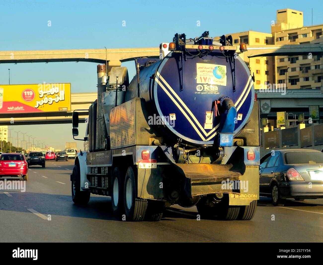 Cairo, Egypt, December 15 2024: large tanker lorry vehicle, drainage ...