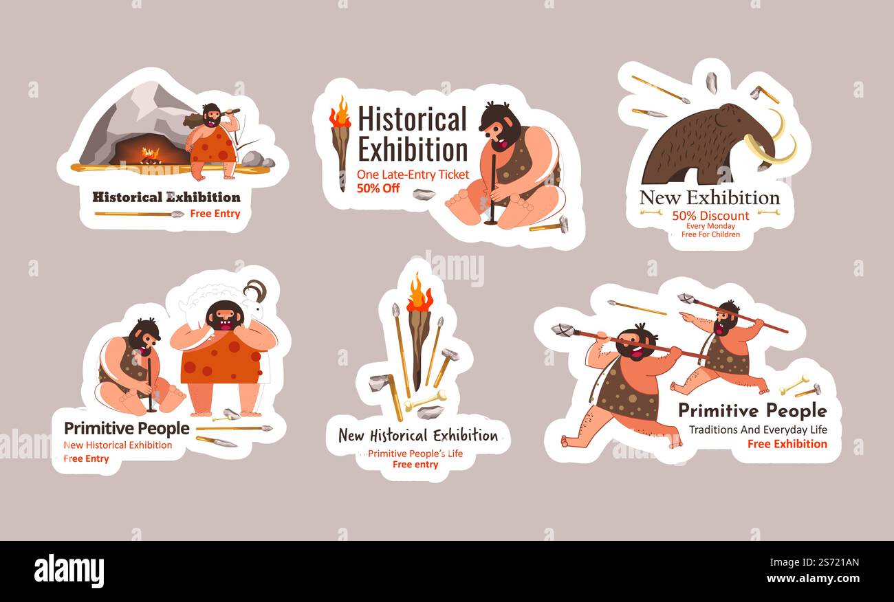 History exhibition sticker set with primitive man. Prehistoric person ...