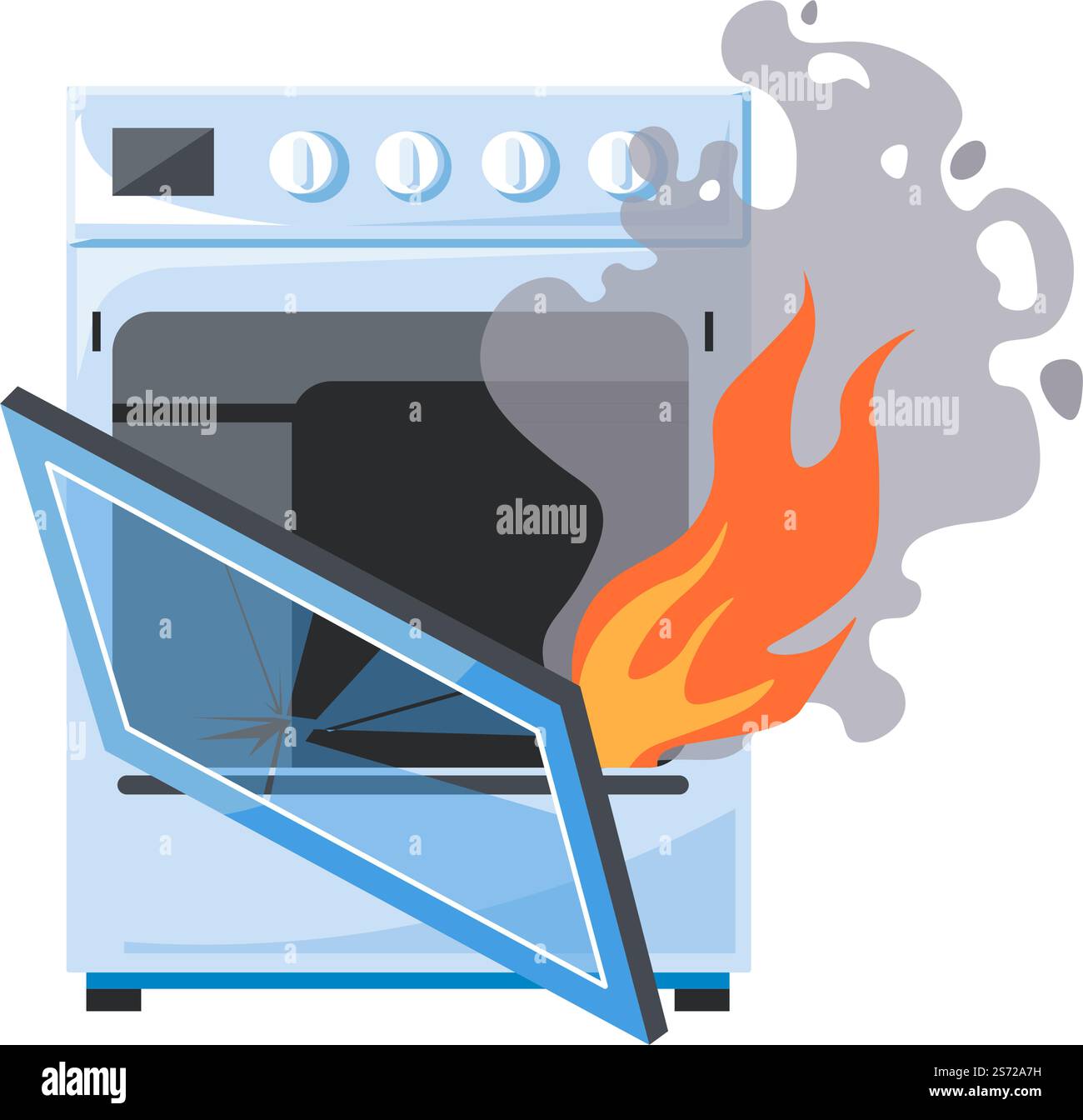 Oven in fire, isolated stove with flames and smoke, dangerous kitchen appliance causing problem. Overheating and malfunctioning technology equipment for cooking and food preparing. Vector in flat. Broken oven or stove on fire, damaged malfunction Stock Vector