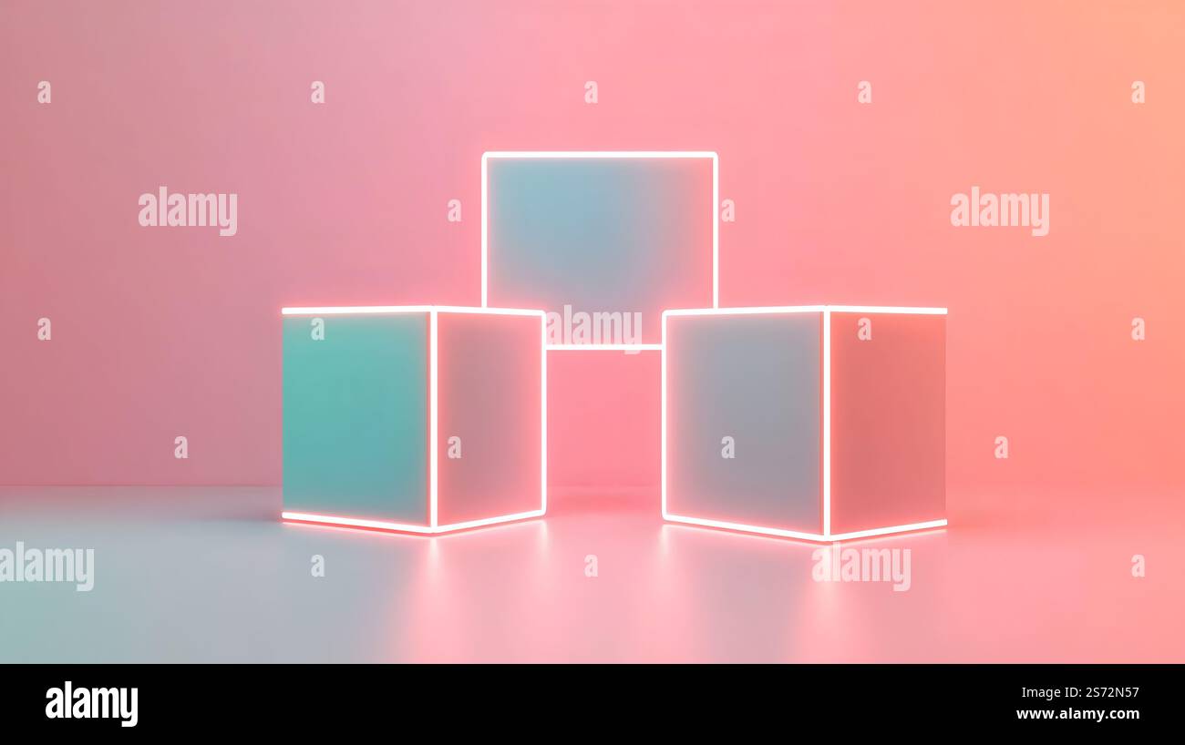 Floating Geometric Cubes with Glowing Edges - Modern 3D of a Conceptual ...