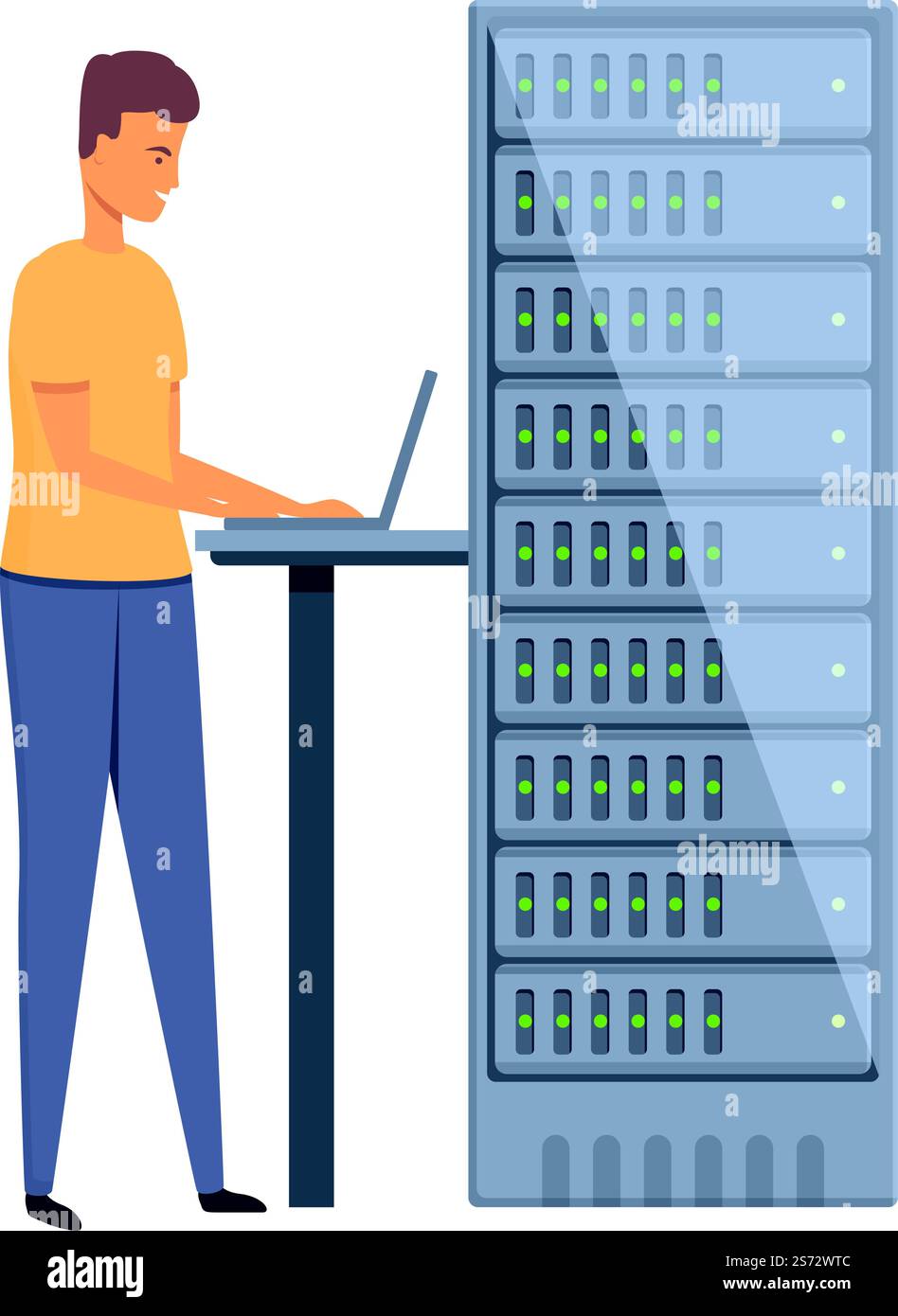 Laptop server administrator icon cartoon vector. System engineer. Room ...