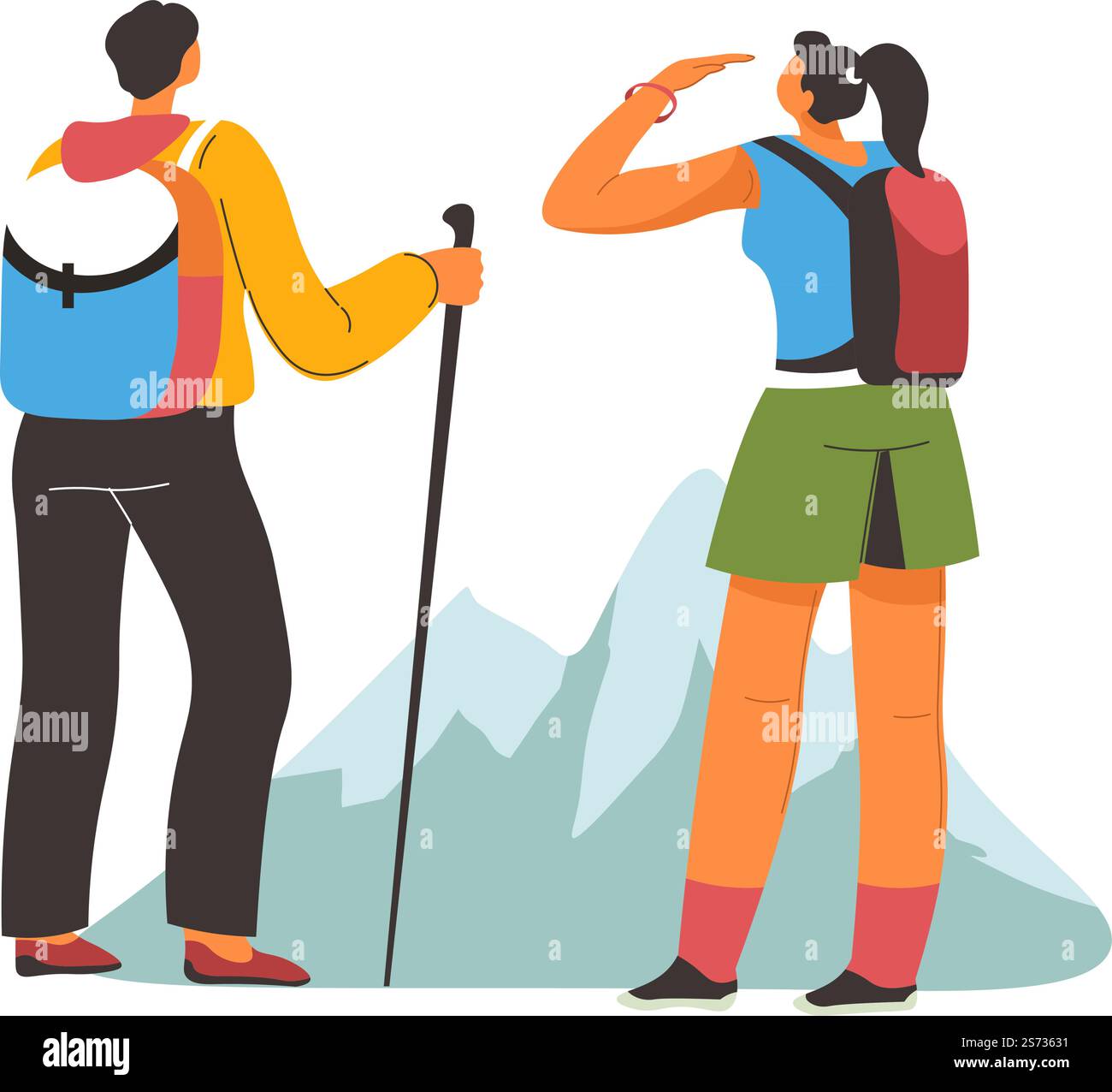 Man and woman leading active lifestyle, male and female trekking, walking with backpacks. Tourist mountain exploration, a couple traveling and enjoying summit peak views. Vector in flat style. Trekking man and woman, hiking in mountains vector Stock Vector