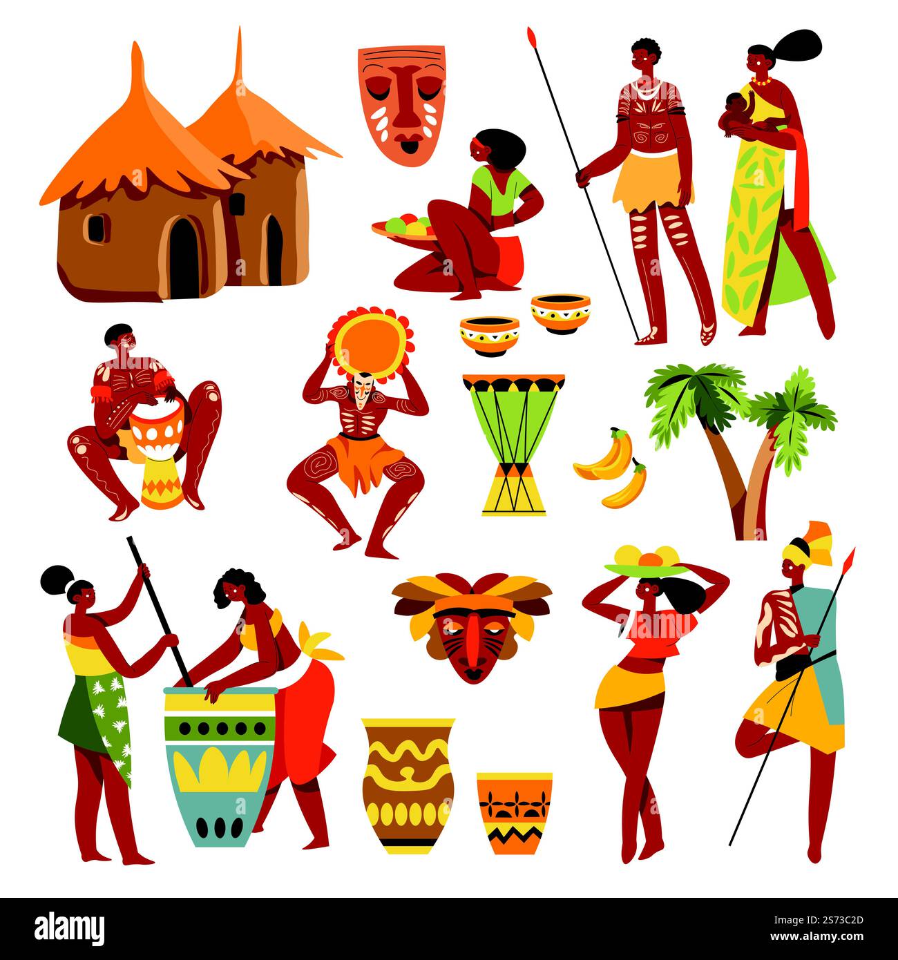 People wearing traditional African clothes, isolated homes and nature ...