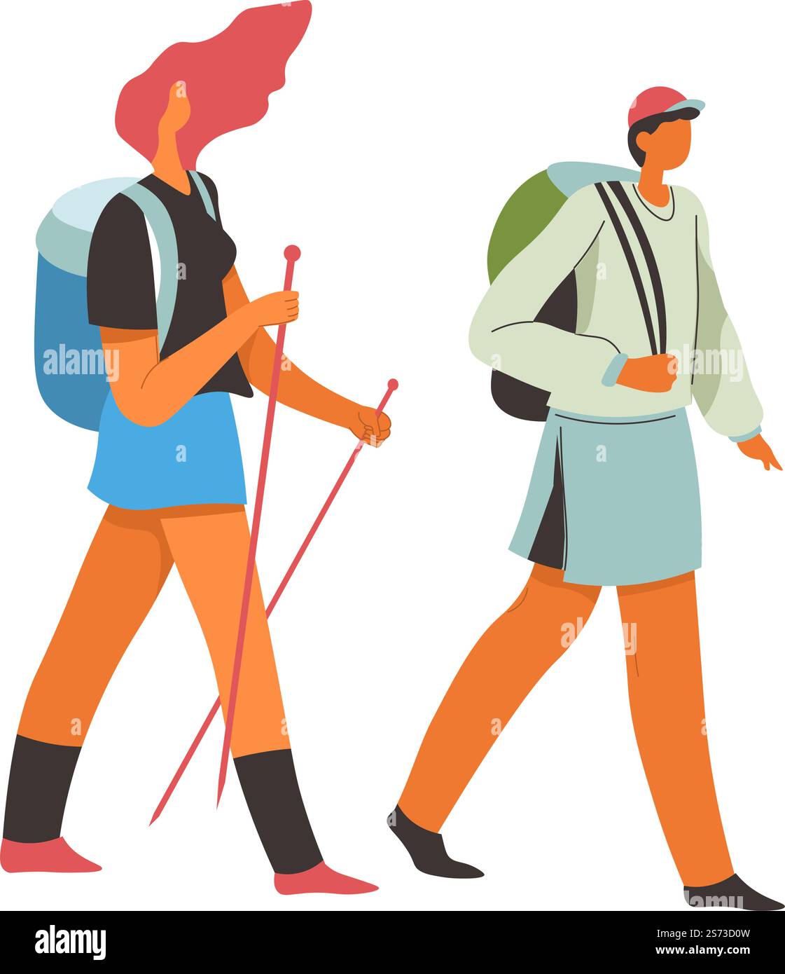 Traveling man and woman using special poles for hiking. Trekking and exploring nature, backpackers walking and strolling. Hiking touristic personages. Couple on vacation. Vector in flat style. People trekking, hiking man and woman traveling Stock Vector