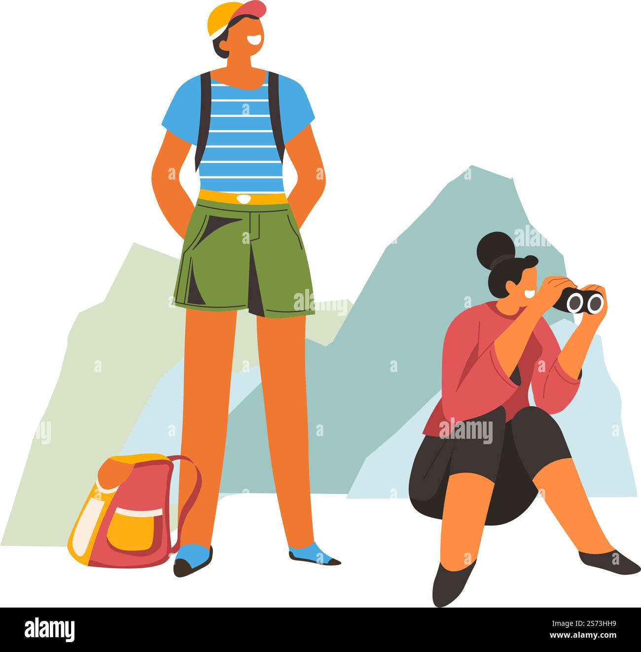 Man and woman exploring mountain ranges, couple traveling and trekking. Hiking on peak and summits. Female with binoculars looking in distance, people with backpacks on trip. Vector in flat style. Couple hiking and trekking, mountaineering rest Stock Vector
