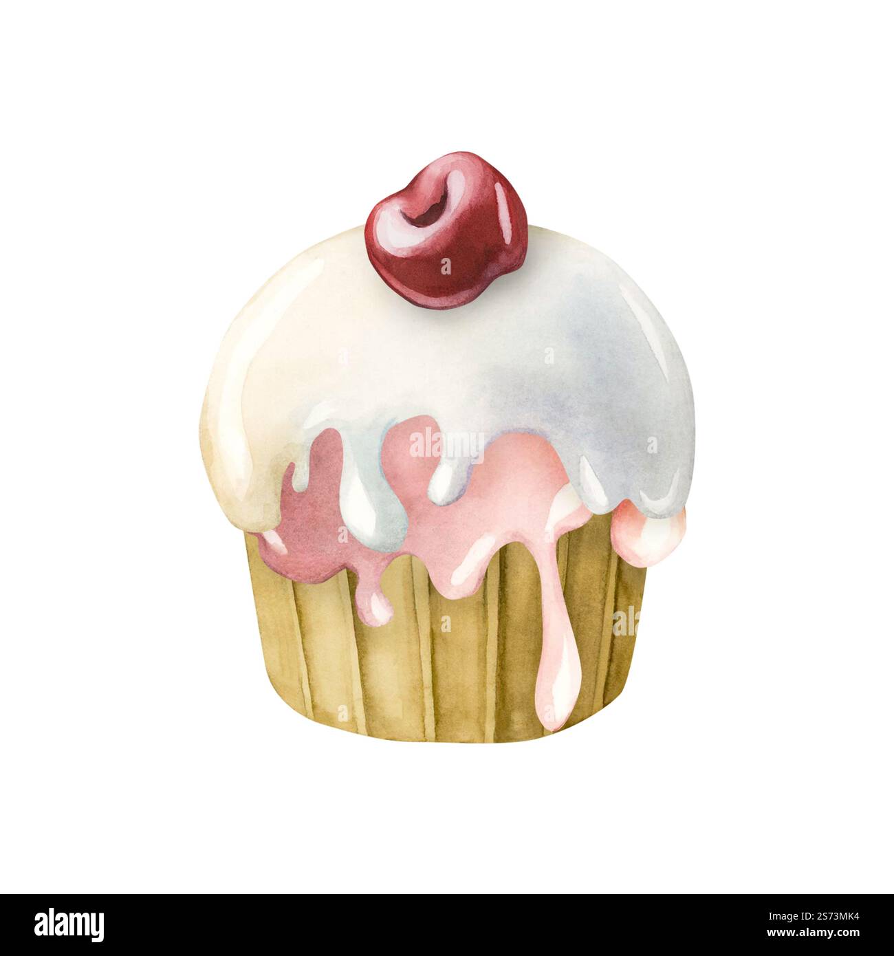 Cute cupcake with pink cream and fresh cherry. Watercolor hand painted ...
