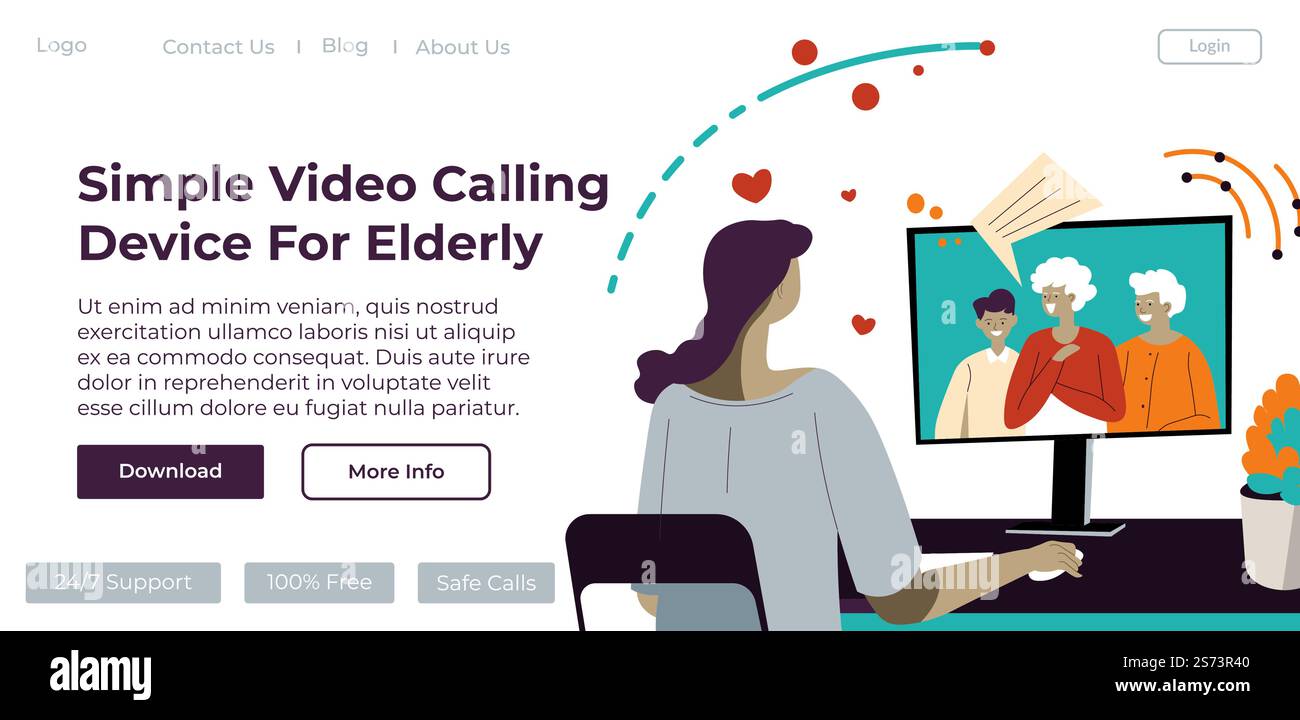 Video calling device or application for elderly people, apps or laptop for talking in web. Woman chatting with grandparents. Website landing page template, online landing site. Vector in flat style. Simple video calling device for elderly vector Stock Vector