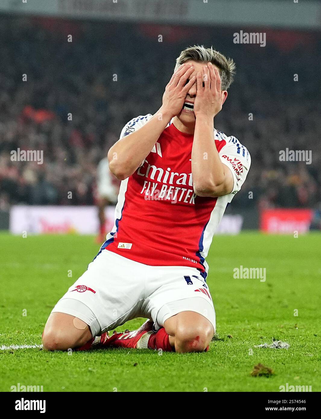 Arsenal's Leandro Trossard reacts to a missed chance in injury time of
