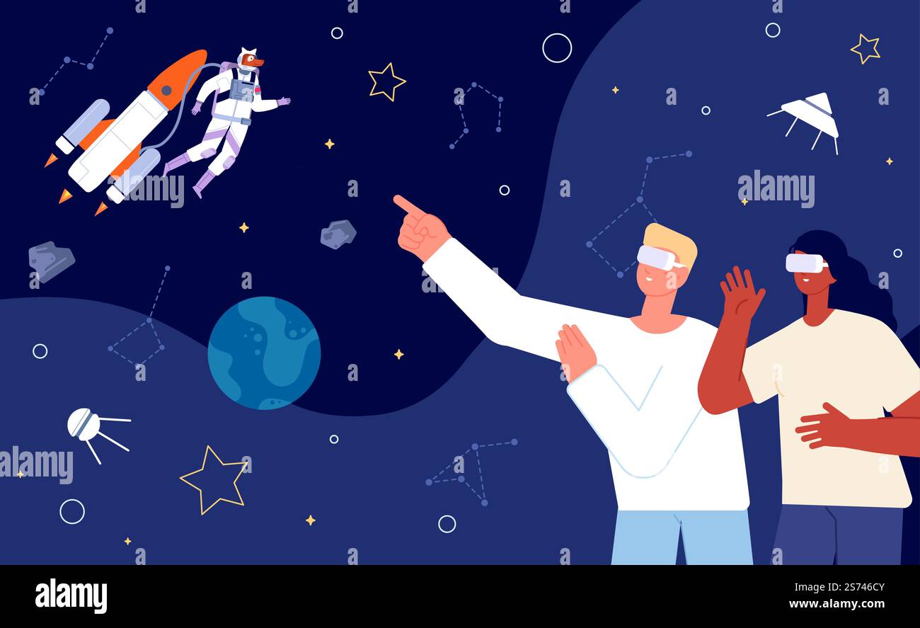 Man woman in VR glasses looking at universe. Artificial reality, space with planets, constellations and stars. Dog astronaut flying rocket vector. Illustration of vr technology and virtual reality. Man woman in VR glasses looking at universe. Artificial reality, space with planets, constellations and stars. Dog astronaut flying rocket, vector scene Stock Vector