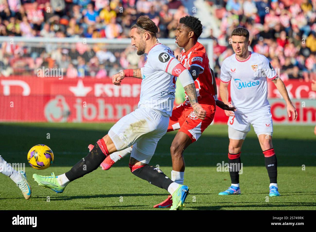 Spanish La Liga EA Sports soccer match Girona FC vs Sevilla at Montilivi Stadium in Girona ...