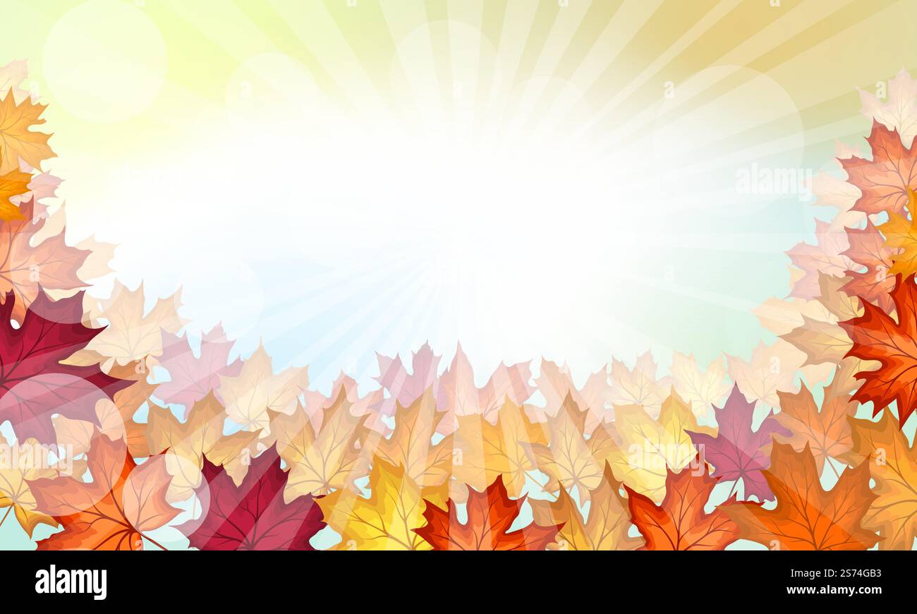 Autumn frame with blowing maple leaves over fall vanilla sky background ...