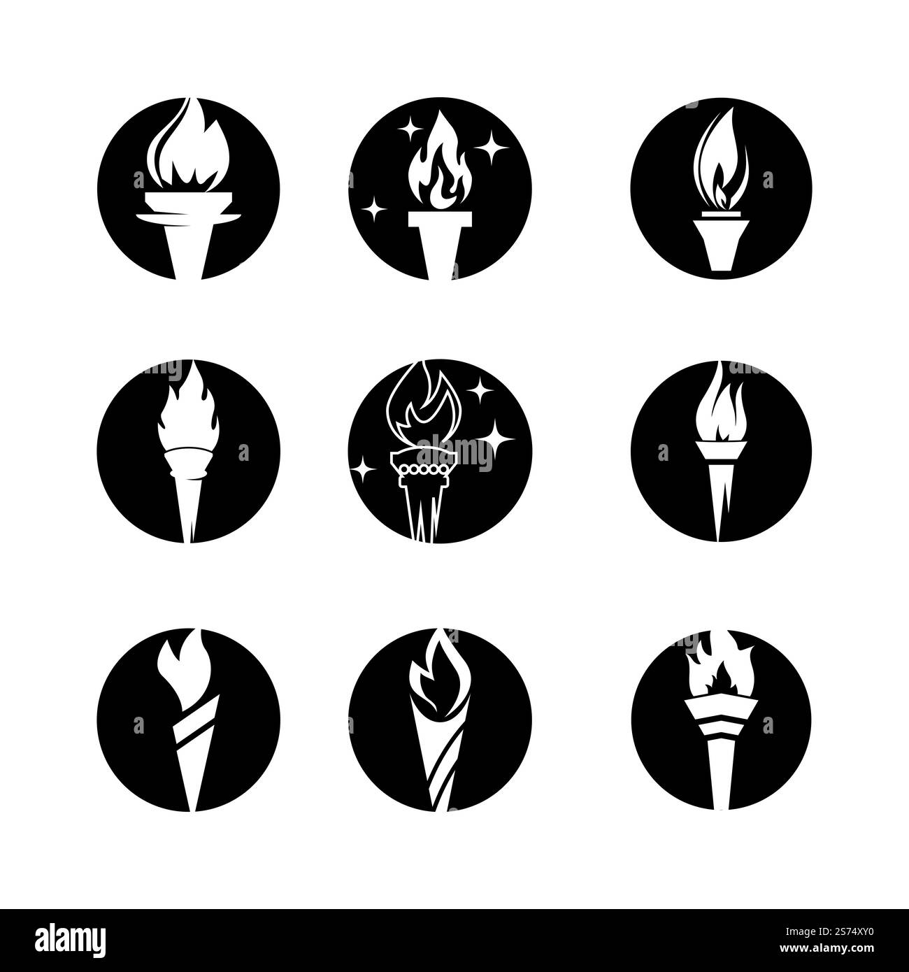 Fire torch with flame flat icons set. Collection of symbol flaming ...