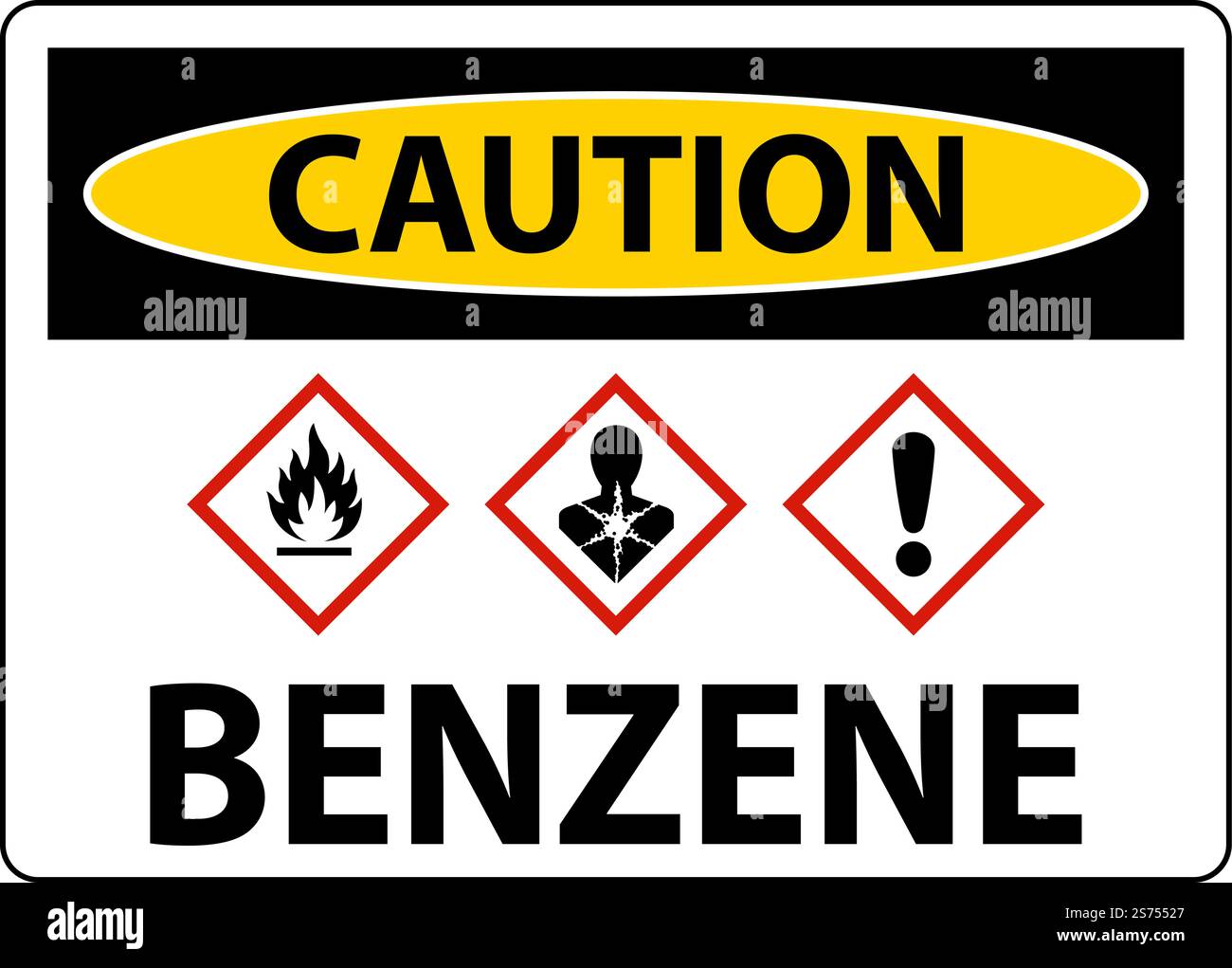 Caution Benzene GHS Sign On White Background Stock Vector
