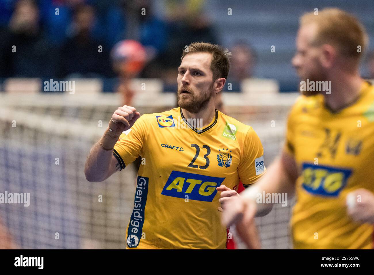 250118 Albin Lagergren of Sweden celebrates during the 2025 IHF World