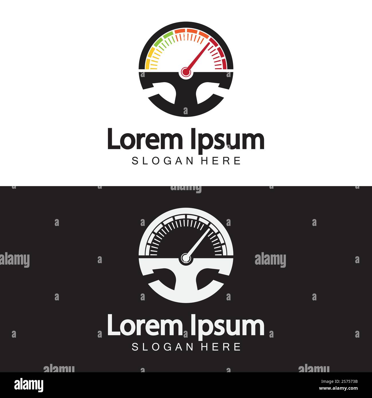 Steering Wheel and speedometer logo template. Driving school vector design. Stock Vector
