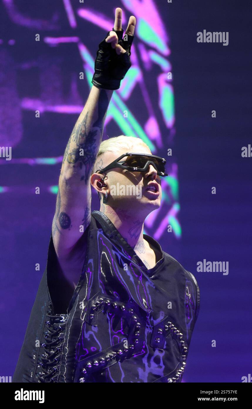 Italian rapper Lazza performing on stage during his Locura Tour 2025 at ...