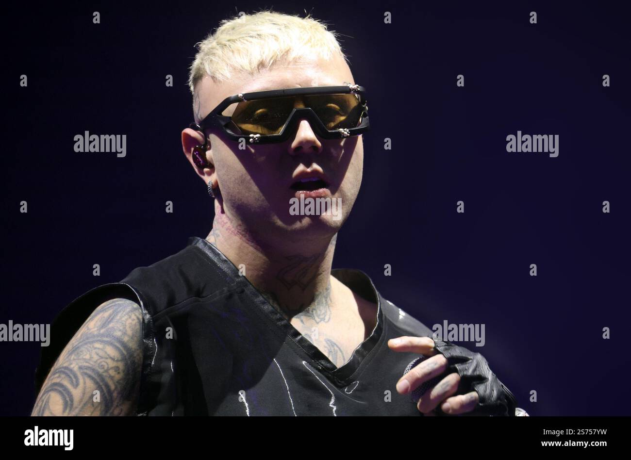 Italian rapper Lazza performing on stage during his Locura Tour 2025 at ...