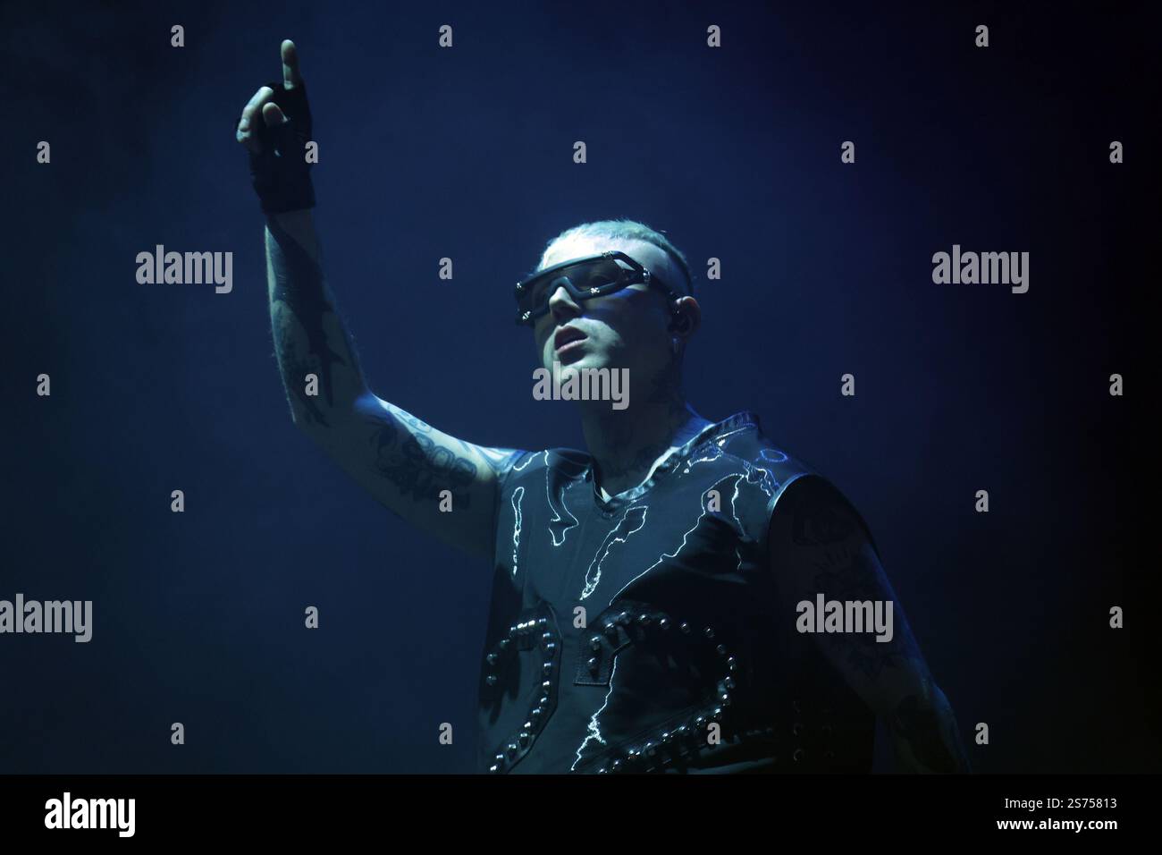 Italian rapper Lazza performing on stage during his Locura Tour 2025 at ...