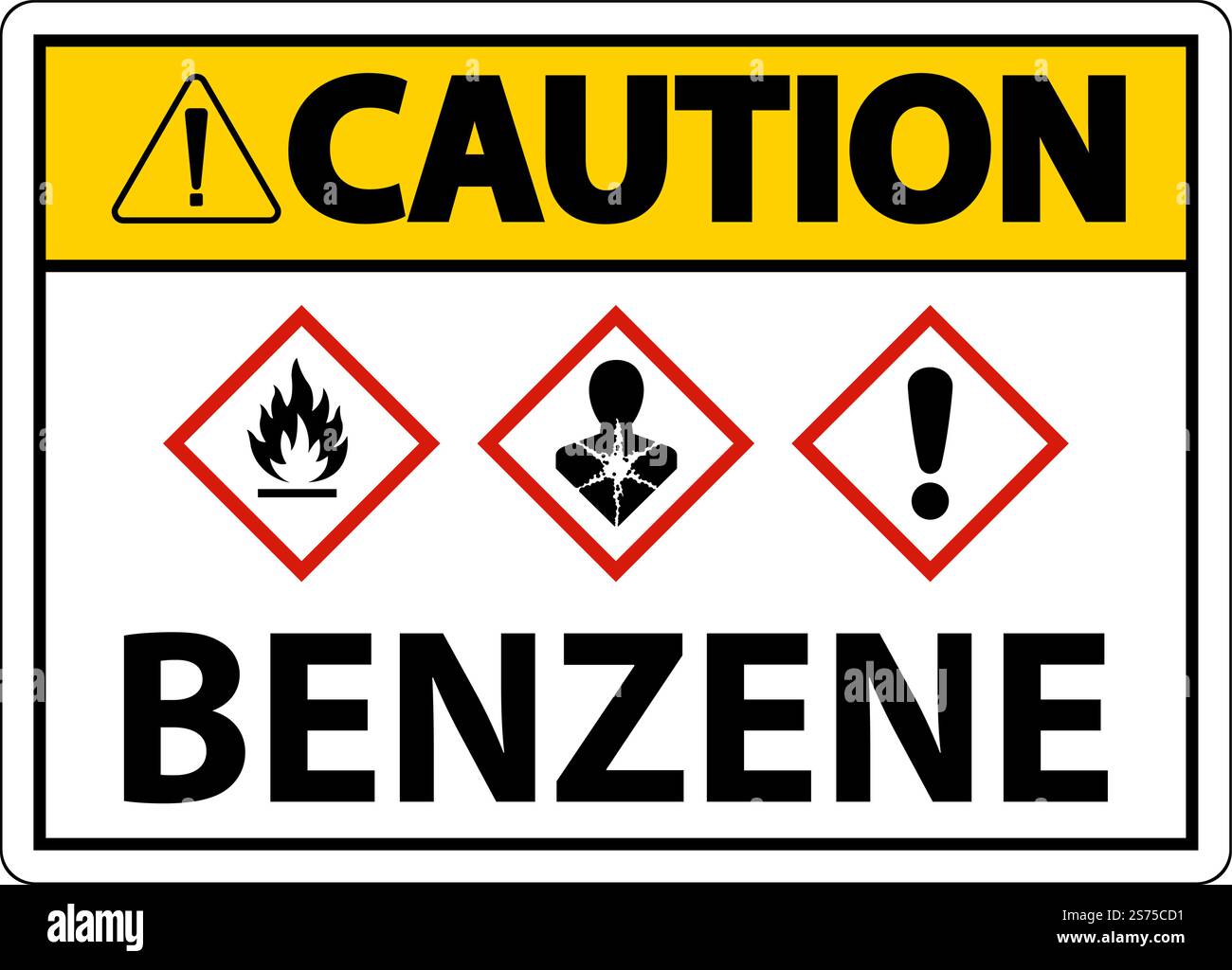 Caution Benzene GHS Sign On White Background Stock Vector