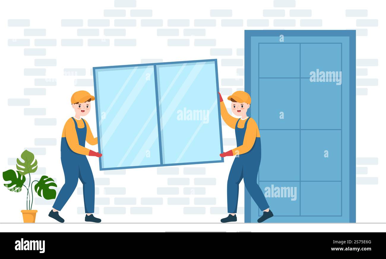 Window Installer Cartoon Window and Door Installation Service with Worker for Home Repair and ...
